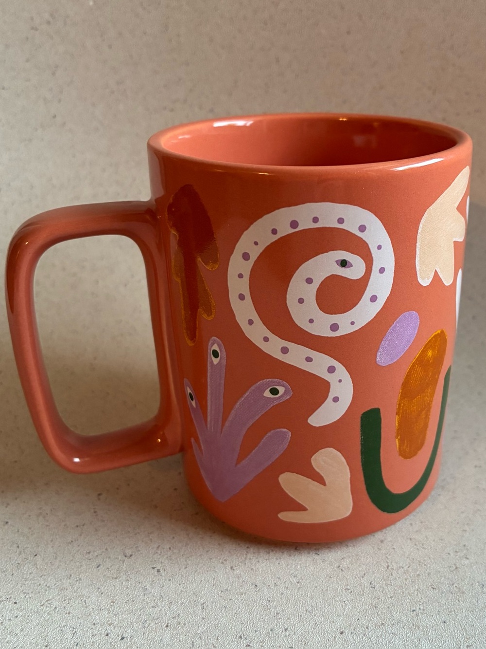 Coral Ceramic Mug with Abstract Art